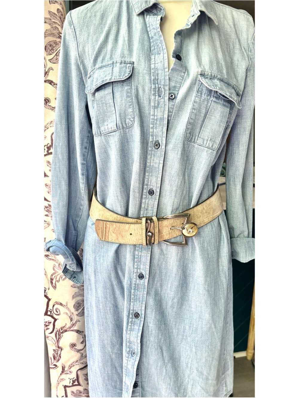 Neutral Beige Vintage ‘90s Kudos Leather Belt with Ornate Metal Buckle-Size 32
